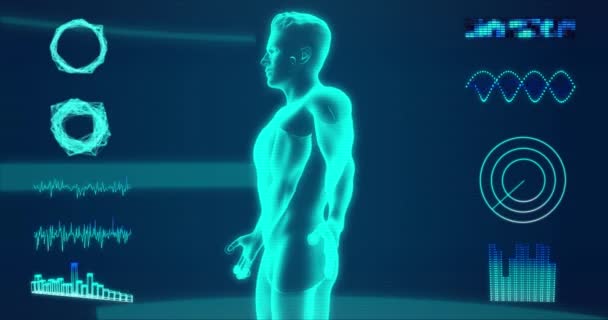 Rayos Futuristas Cuerpo Humano Girando Bajo Una Interfaz Azul Hud — Vídeo de stock