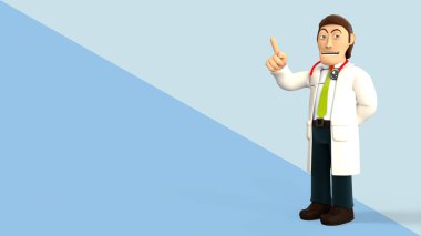 Bir stetoskop gülümseyen ve mavi çapraz bölünmüş arka plan 3d render üzerine sağ işaret parmağını işaret karikatür 3d doktor