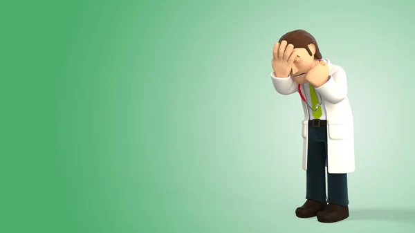 Sad cartoon 3d doctor with a stethoscope doing a facepalm on a green gradient background 3d rendering