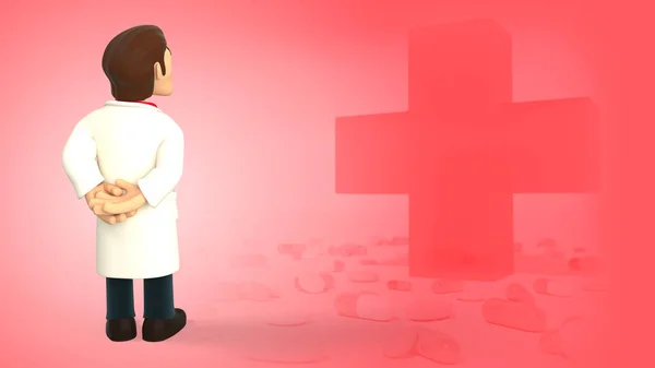 Cartoon 3d doctor dressed in white coat having his back turned and looking up on a red background with medical cross and pills 3d rendering