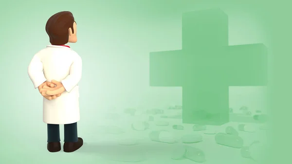 Cartoon 3d doctor dressed in white coat having his back turned and looking up on a green background with medical cross and pills 3d rendering