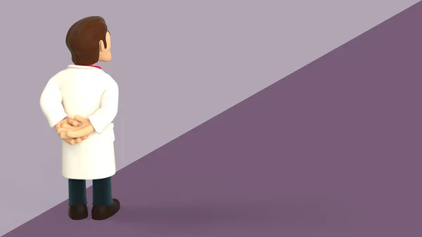 背中を向け 紫色の対角線分割された背景3Dレンダリングを見上げる白いコートに身を包んだ漫画の3D医師 — ストック写真