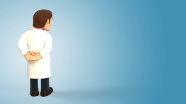 Karikatür 3d doktor beyaz ceket giymiş sırtını döndü ve mavi bir degrade arka plan 3d render aşağı bakıyor