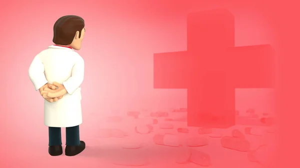 Cartoon 3d doctor dressed in white coat having his back turned and looking down on a red background with medical cross and pills 3d rendering