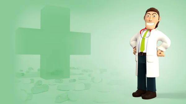 Cartoon 3d doctor with a stethoscope proud and smiling with hands on his hips on a green background with medical cross and pills 3d rendering