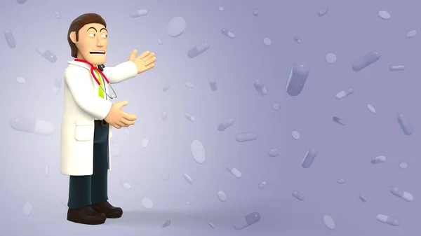 Cartoon 3d doctor with a stethoscope smiling and making a presentation on a purple background with falling pills and tablets 3d rendering