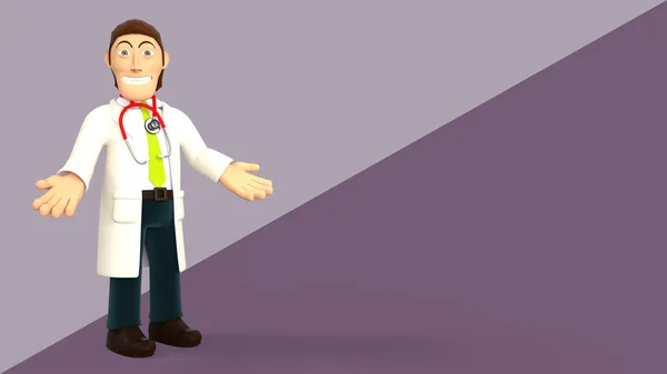 Cartoon 3d doctor with a stethoscope smiling with open arms on a purple diagonal splitted background 3d rendering