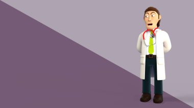 Mor diyagonal bölünmüş arka plan 3d render üzerinde sürpriz bir yüz yapma bir stetoskop ile Karikatür 3d doktor