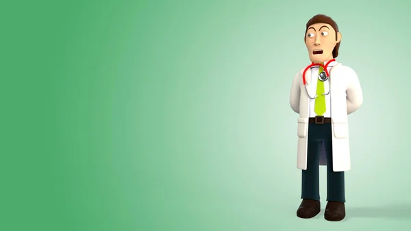 Cartoon 3d doctor with a stethoscope making a surprised face on a green gradient background 3d rendering