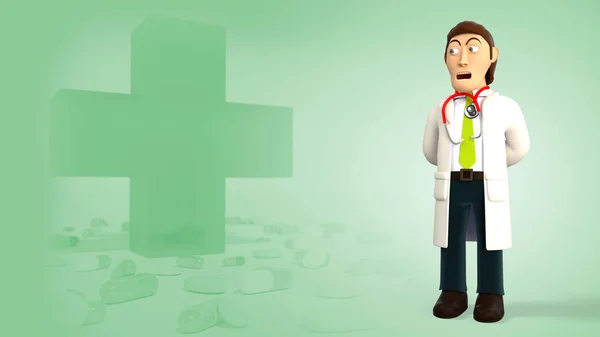Cartoon 3d doctor with a stethoscope making a surprised face on a green background with medical cross and pills 3d rendering