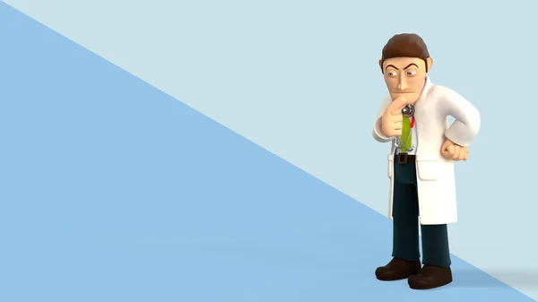 Cartoon 3d doctor wearing a stethoscope thinking with a worried face on a blue diagonal splitted background 3d rendering