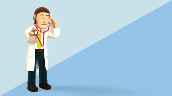 Cartoon 3d doctor listening with a stethoscope on a blue diagonal splitted background 3d rendering