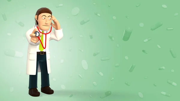 Cartoon 3d doctor listening with a stethoscope on a green background with falling pills and tablets 3d rendering