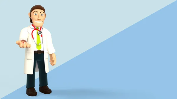 Cartoon Arzt Mit Stethoskop Der Eine Pille Auf Blauem Diagonal — Stockfoto