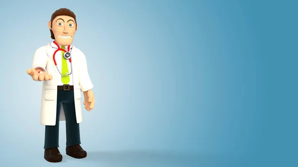 Cartoon doctor wearing a stethoscope giving a pill on a blue gradient background 3d rendering