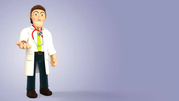 Cartoon doctor wearing a stethoscope giving a pill on a purple gradient background 3d rendering