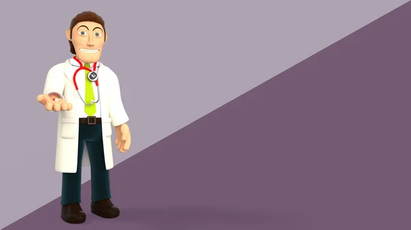 Cartoon doctor wearing a stethoscope giving a pill on a purple diagonal splitted background 3d rendering