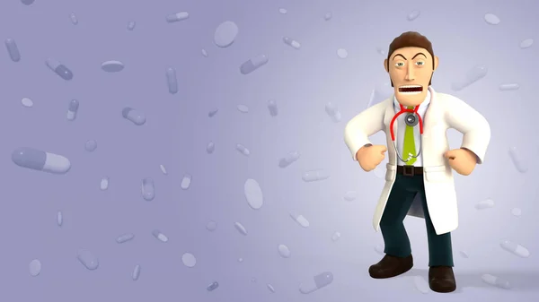 Young angry cartoon 3d doctor screaming and showing his muscles, in white coat with a stethoscope, isolated on purple background with with falling pills and tablets 3d rendering