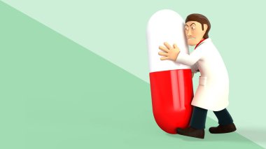 Genç karikatür 3d doktor dev bir hap tutan, bir stetoskop ile beyaz ceket, yeşil diyagonal bölünmüş arka plan 3d render izole