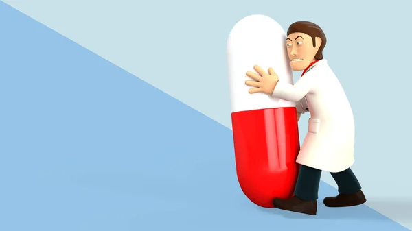 Young cartoon 3d doctor holding a giant pill, in white coat with a stethoscope, isolated on blue diagonal splitted background 3d rendering