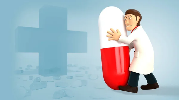 Young cartoon 3d doctor holding a giant pill, in white coat with a stethoscope, isolated on blue background with medical cross and pills 3d rendering