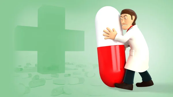 Young cartoon 3d doctor holding a giant pill, in white coat with a stethoscope, isolated on green background with medical cross and pills 3d rendering