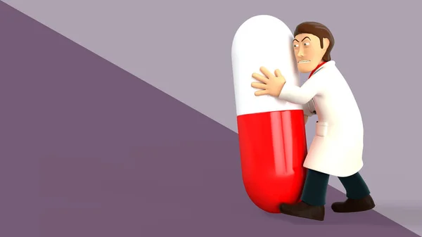 Dokter Kartun Muda Memegang Pil Raksasa Dengan Mantel Putih Dengan — Stok Foto