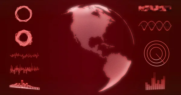 Abstract wireframe Earth globe hologram with America USA map on red background 3d rendering. HUD elements, x-ray, digital data and radar interface set for futuristic Sci-Fi interface