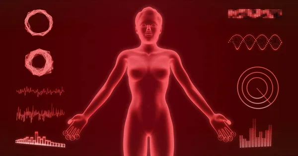 Abstrato Holograma Corpo Mulher Isolado Fundo Vermelho Renderização Elementos Hud — Fotografia de Stock