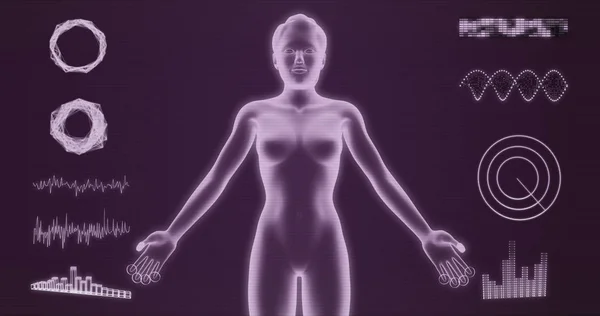 Abstrato Holograma Corpo Mulher Isolado Fundo Roxo Renderização Elementos Hud — Fotografia de Stock