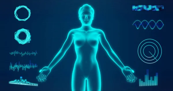 Mavi Arka Plan Rendering Üzerinde Izole Soyut Kadın Vücut Hologram Telifsiz Stok Fotoğraflar