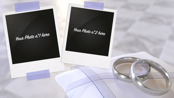 Pair Isolated Frames Taping Two Shiny Silver Wedding Rings Laying — Stock Photo, Image