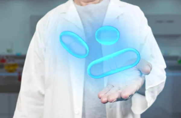 Old medicine doctor holding x-ray hologram pills and medics on a blurred blue laboratory background 3d rendering. Biotech, biology and science concept with modern virtual screen interface.