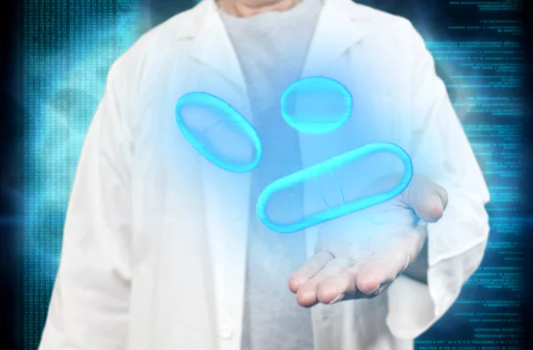 Old medicine doctor holding x-ray hologram pills and medics on a blurred blue digital background 3d rendering. Biotech, biology and science concept with modern virtual screen interface.