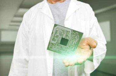 Bilim adamı bulanık yeşil hastane arka plan 3d render üzerinde bilgisayar mikroçip tutan. İşlemci devre kartı, yeni teknolojileri araştırmak için konsept, yapay zeka ve robotların geleceği