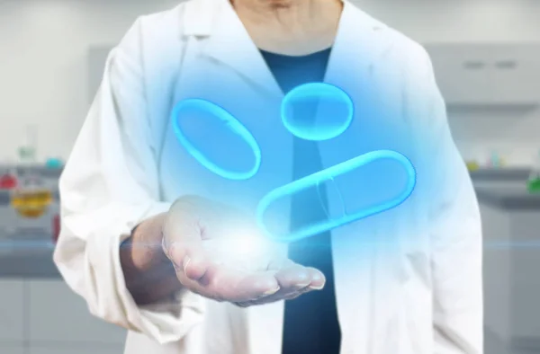 Old woman doctor holding x-ray hologram pills and medics on a blurred laboratory background 3d rendering. Biotech, biology and science concept with modern virtual screen interface.