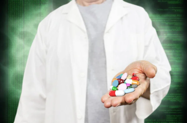 Old doctor holding pills, capsules and medics on a blurred green digital background 3d rendering. Medicine, health care, overmedication and disease healing concept with modern virtual screen interface