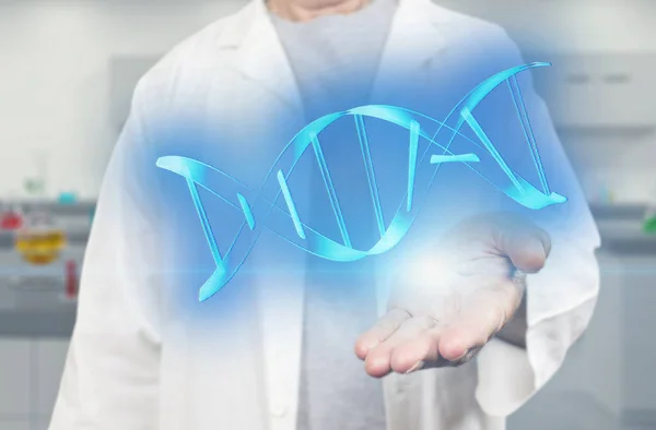 Old White Scientist Holding Dna Molecule Blurred Laboratory Background Rendering — Stock Photo, Image