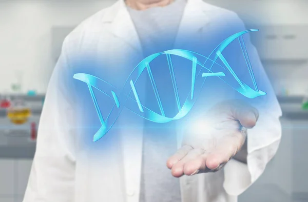 Gamla Vita Vetenskapsman Innehar Dna Molekyl Suddig Laboratorium Bakgrund Rendering — Stockfoto