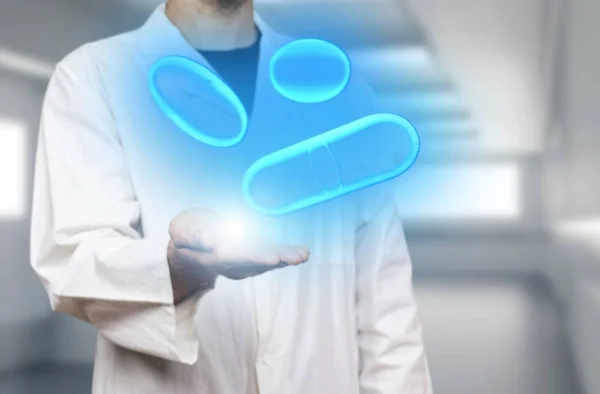 Young doctor giving x-ray hologram pills and medics on a blurred blue hospital background 3d rendering. Biotech, biology and science concept with modern virtual screen interface.