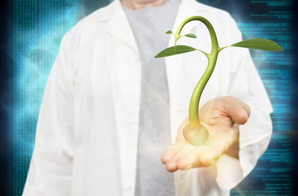 White scientist holding germinating seed on a blurred blue digital background 3d rendering. Concept for agronomy research, nutrition, biochemistry, growth experiment and microbiology.