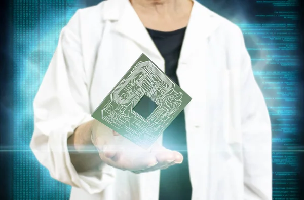 Woman scientist holding computer microchip on a blurred blue digital background 3d rendering. Processor circuit board, concept for researching new technologies, artificial intelligence and robots.