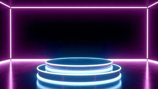 Pedestal Futurista Sci Abstrato Azul Roxo Neon Formas Luz Brilhando — Fotografia de Stock