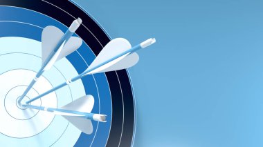 Üç mavi oklar mavi arka plan 3d render izole bir okçuluk hedef, merkezi vurdu. Kurumsal strateji için illüstrasyon, iş performansını artırmak ve hedefine ulaşmak.