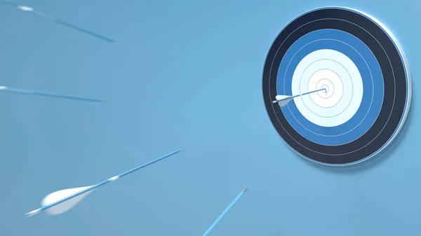 Multiple arrows hit the center of an archery target, isolated on blue background. 3D rendering illustration for teamwork concept, win competition in business, reach its goal and corporate strategy.