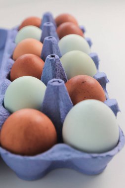 Beyaz arka plan üzerinde izole mavi karton kutu kahverengi tavuk yumurtası.