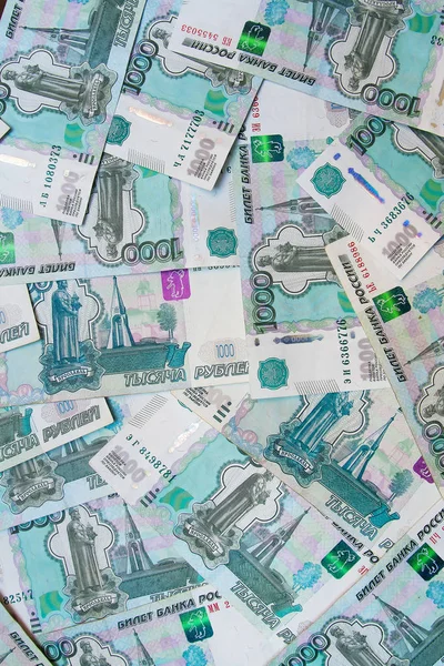 Many Russian Rubles Lying Table New Banknotes Beautifully Laid Out — Stock Photo, Image