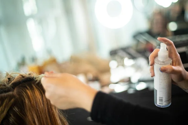 Young Beautiful Female Getting Hair Styled With Hair Spray — Stock Photo, Image