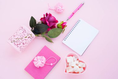 Düz lay girly, planlama için soluk pembe öğeler, not defterleri, kalemler, ofis çalışmaları ya da evde onun dizüstü bilgisayar üzerinde çalışan, soluk pembe arka plan, etiketler için yer ile. Konsept Masası.