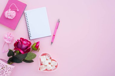 Düz lay girly, planlama için soluk pembe öğeler, not defterleri, kalemler, ofis çalışmaları ya da evde onun dizüstü bilgisayar üzerinde çalışan, soluk pembe arka plan, etiketler için yer ile. Konsept Masası.